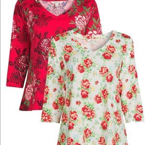 Pioneer Woman Set of 2 long Sleeve V Neck T Shirts Vintage & Burgundy Floral NEW